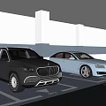 Dark SUV and Light Blue Sedan Parked in Modern Indoor Parking Garage