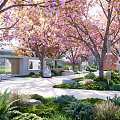 Urban Park Landscape with Colorful Trees Pink Flowers Curved Pathways and Tall Buildings