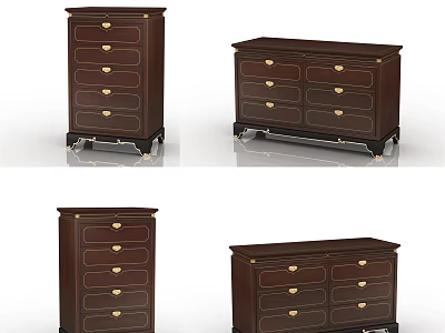 Tall And Low Dark Wood Decorative Cabinets With Drawers And Gold Hardware 3d model