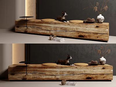 Rustic Wooden Console Table With Dog Figurine Vase Pinecones And Books 3d model