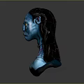 Fictional Alien Character With Blue Skin Pointed Ears Long Black Hair And Chest Patterns