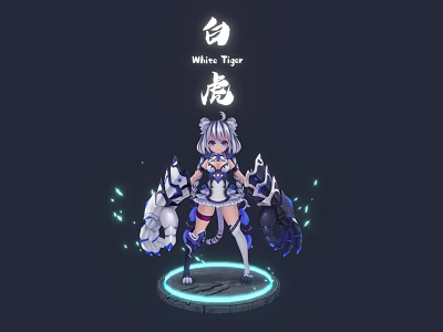White Tiger Game Character With Blue And White Outfit Animal Ears And Glowing Base 3d model