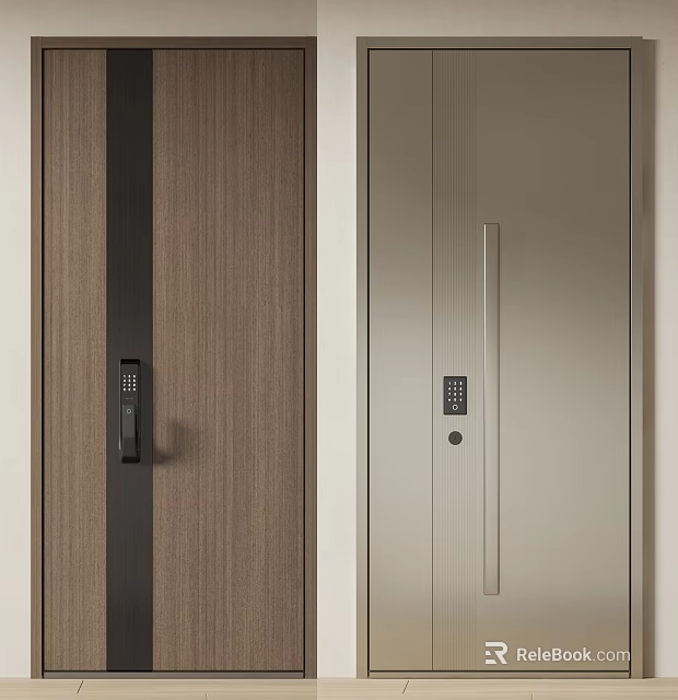 Modern Security Doors Featuring Wooden Texture Silver Finish Electronic Lock And Handle Design 3d model 