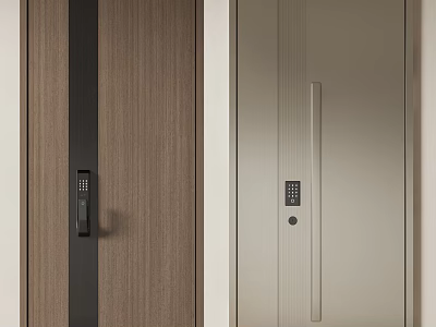 Modern Security Doors Featuring Wooden Texture Silver Finish Electronic Lock And Handle Design 3d model