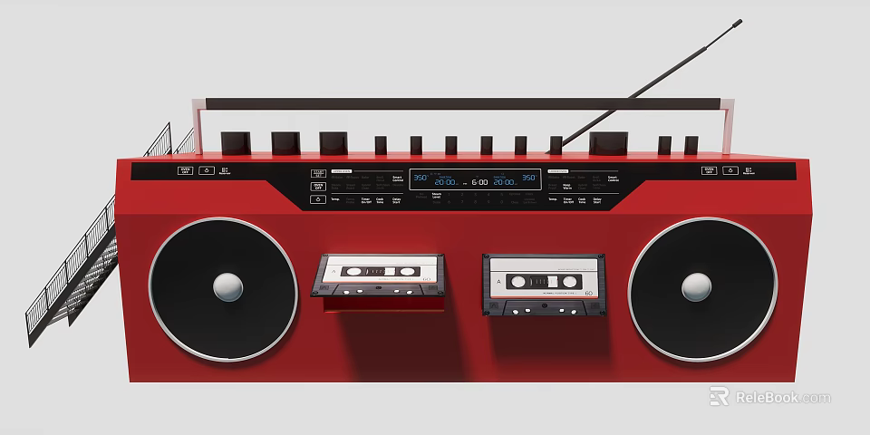 Vintage Red Boombox Art Installation With Cassette Tapes Large Speakers And Retro Design 3d model 