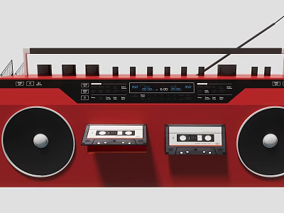 Vintage Red Boombox Art Installation With Cassette Tapes Large Speakers And Retro Design 3d model
