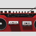 Vintage Red Boombox Art Installation With Cassette Tapes Large Speakers And Retro Design