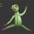 Children's Green Plush Toy with Yellow Eyes Pink Heart and Stretching Pose