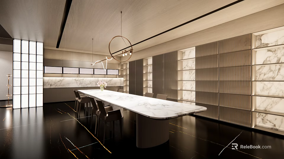 Modern Tea Room Interior Design With Long Marble Table Chairs And Wall Cabinets 3d model 