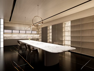Modern Tea Room Interior Design With Long Marble Table Chairs And Wall Cabinets 3d model