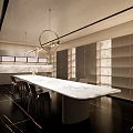 Modern Tea Room Interior Design With Long Marble Table Chairs And Wall Cabinets