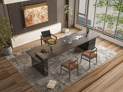Modern Wooden Desk Interior With Leather Chairs Area Rug Wall Art And Plants 3d model
