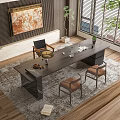 Modern Wooden Desk Interior With Leather Chairs Area Rug Wall Art And Plants