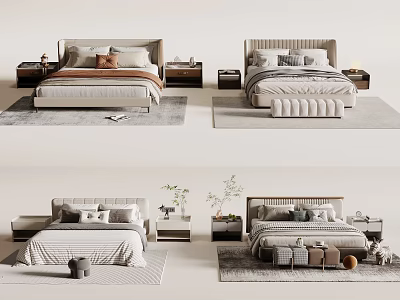Modern Double Bed Design With Soft Bedding Pillows Nightstands And Rugs 3d model