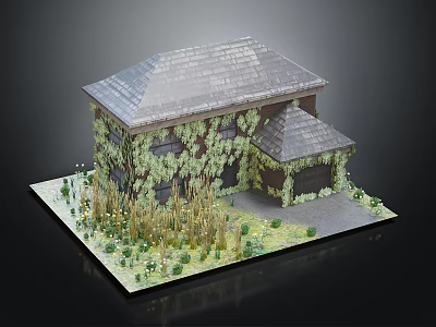 Residential House with Tile Roof Covered by Green Vines Attached Garage and Grass Shrubs 3d model