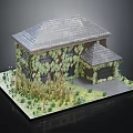 Residential House with Tile Roof Covered by Green Vines Attached Garage and Grass Shrubs