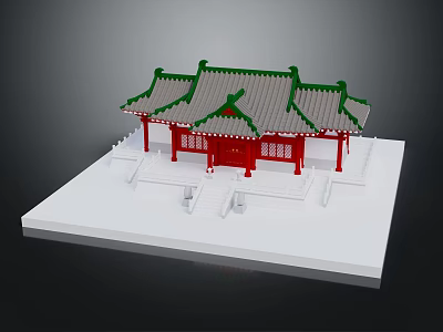 Cartoon Style Traditional Chinese Red Building With Green Roof On White Platform 3d model