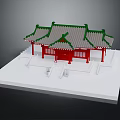 Cartoon Style Traditional Chinese Red Building With Green Roof On White Platform