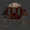 Vintage Red Carriage with Four Large Wheels Light Colored Roof Cover and Retro Decorative Details