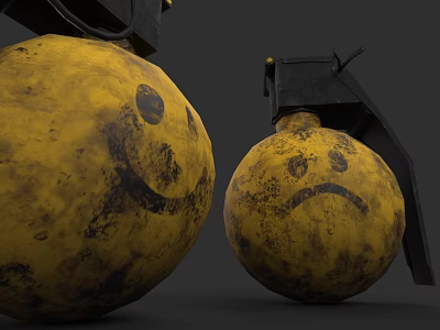 Yellow Vintage Bomb With Smiley And Frowny Faces Metal Components Design 3d model