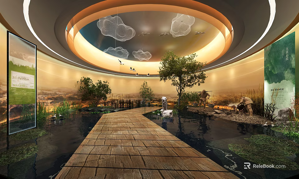 Indoor Garden Space Featuring Wooden Walkway Water Features Mural Backdrop And Circular Ceiling 3d model 