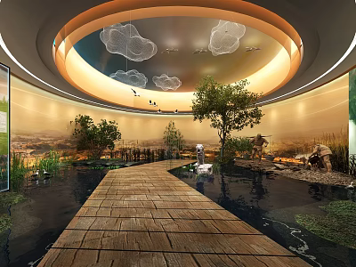 Indoor Garden Space Featuring Wooden Walkway Water Features Mural Backdrop And Circular Ceiling 3d model