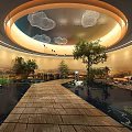 Indoor Garden Space Featuring Wooden Walkway Water Features Mural Backdrop And Circular Ceiling