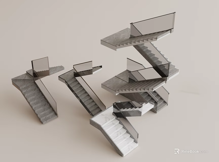 Abstract Modern Concrete Staircases With Glass Railings And Floating Geometric Design 3d model 