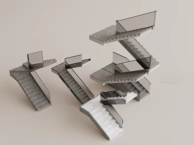 Abstract Modern Concrete Staircases With Glass Railings And Floating Geometric Design 3d model