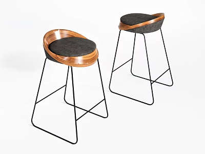 Minimalist Modern Bar Stools With Black Metal Frame And Wooden Padded Seats 3d model