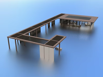 Modern Landscape Pavilion With Open Wooden Frame And Glass Roof Over Water 3d model