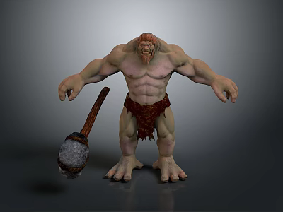 Muscular Giant Game Movie Character With Fur Loincloth Holding Large Hammer 3d model
