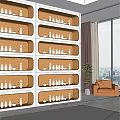 Modern Gold Display Shelves With Multiple Layers Holding Decorative Bottles And Indoor Plant Near Window