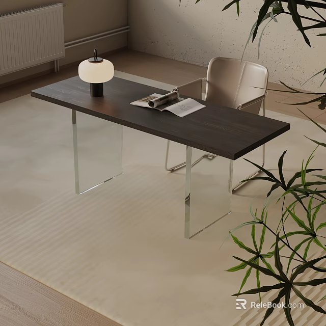 Modern Dining Table Set With Wooden Top Glass Legs Accent Chair And Plants 3d model 