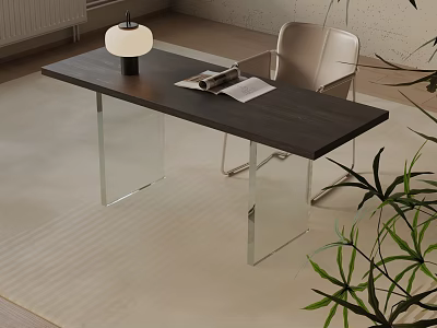 Modern Dining Table Set With Wooden Top Glass Legs Accent Chair And Plants 3d model