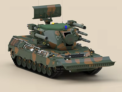 Camouflage Armored Air Defense Weapon Vehicle With Radar And Guns 3d model