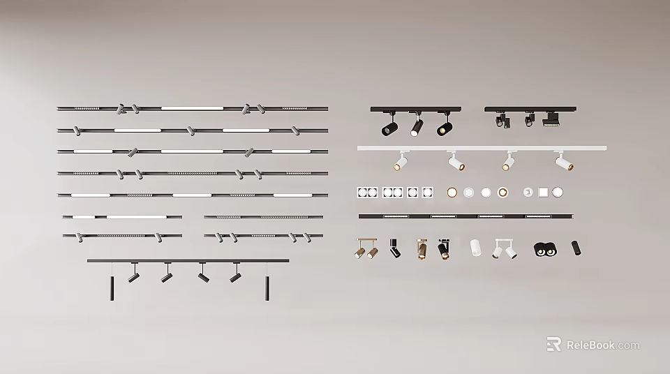 Track Mounted Downlights and Spotlights with Black White Ceiling Fixtures and Mounting Accessories 3d model 