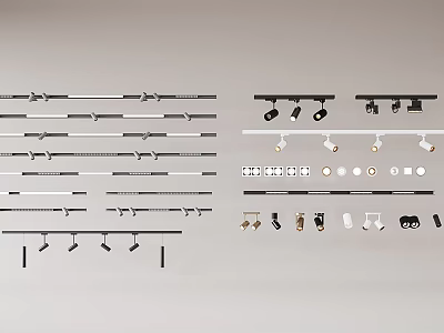 Track Mounted Downlights and Spotlights with Black White Ceiling Fixtures and Mounting Accessories 3d model