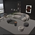 Elegant Modern Curved Sofa Coffee Table Set With Two Chairs Poufs And Green Plant