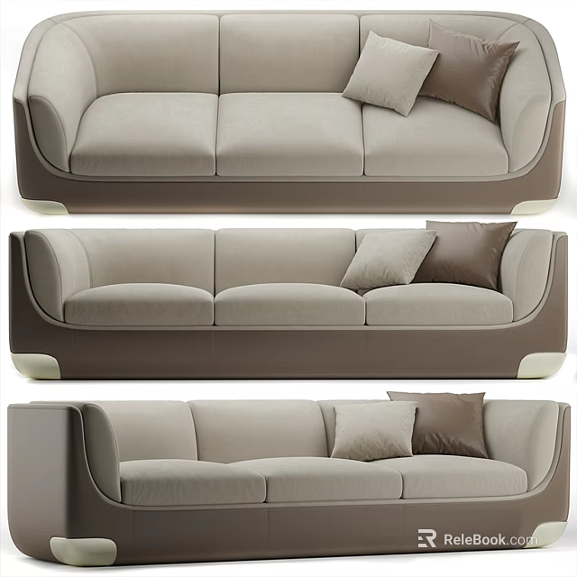 Modern Three Seater Sofa With Beige Upholstery And Brown Decorative Pillows 3d model