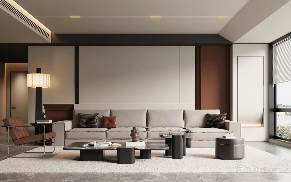 Modern Living Room Interior With Comfortable Sofa Coffee Table Floor Lamp And Decorative Items 3d model 