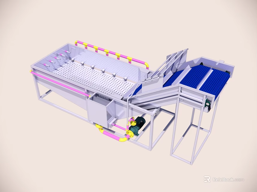 Industrial Conveyor Equipment With Metal Frame Blue Belt And Railings Pipeline Components 3d model 