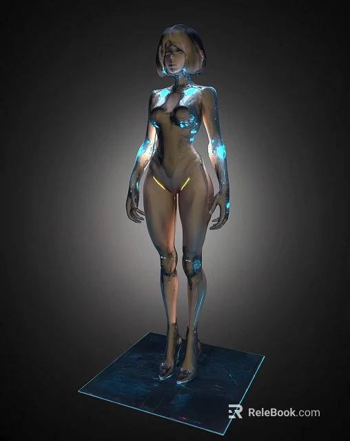 Futuristic Female Cyborg Figure with Transparent Body and Neon Blue Illuminated Mechanical Parts 3d model 