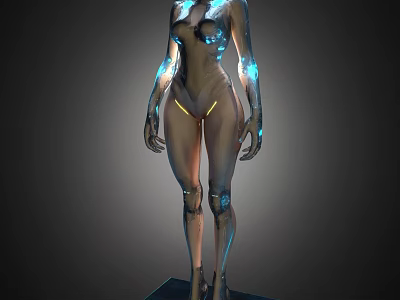 Futuristic Female Cyborg Figure with Transparent Body and Neon Blue Illuminated Mechanical Parts 3d model