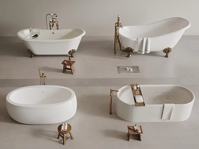 Vintage And Modern White Bathtubs With Towels And Wooden Stools In Bathroom Design 3d model
