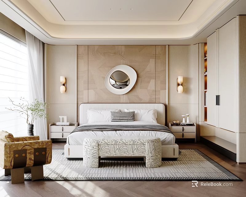 Modern Bedroom Interior Design With Large Bed Round Mirror And Area Rug 3d model 