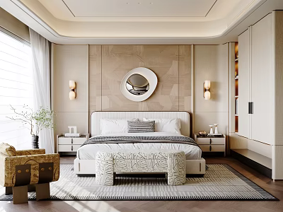 Modern Bedroom Interior Design With Large Bed Round Mirror And Area Rug 3d model
