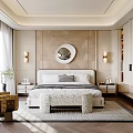 Modern Bedroom Interior Design With Large Bed Round Mirror And Area Rug