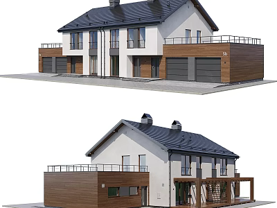 Detached Villa Exterior Design With Wooden Facade Black Roof Garage Balcony And Large Windows 3d model