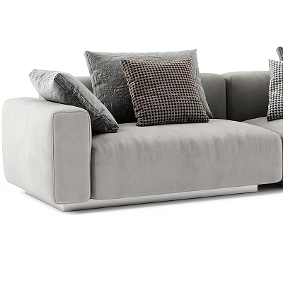 Modern Light Gray Sectional Sofa With Plush Cushions And Checkered Decorative Pillows 3d model